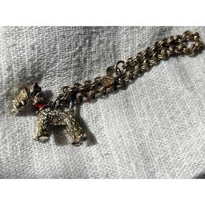 Gold Tone Scottie Terrier Dog Charm Bracelet Red Eyes